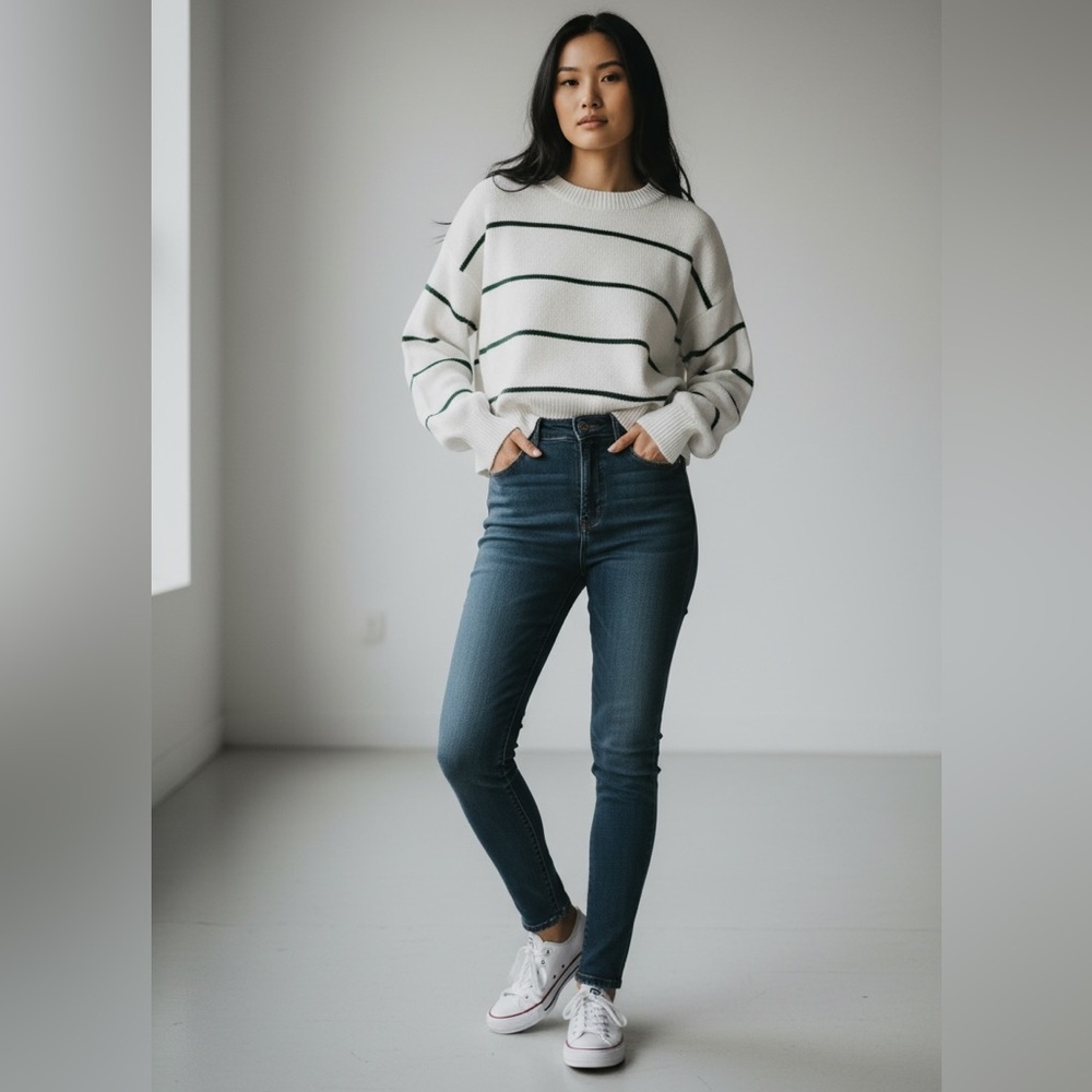 2/$30 Hollister Boxy Cropped Striped Sweater White and Green